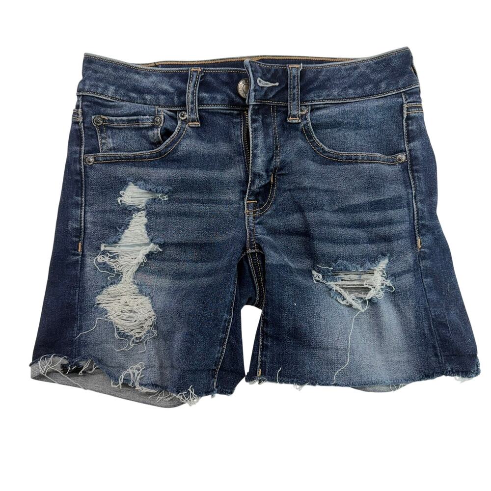 American Eagle Midi Next Level Stretch Distressed Denim Jean Shorts‎ Size 2